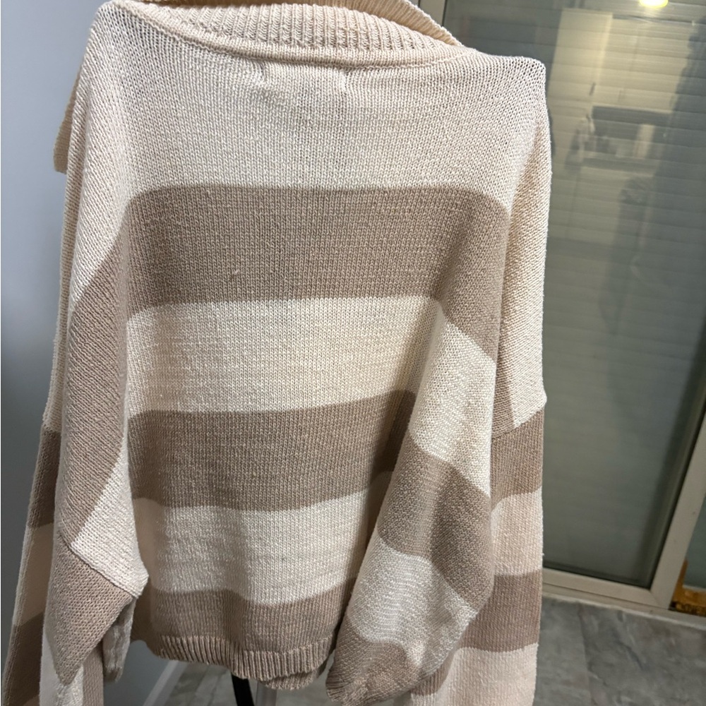 Lulu's Striped V-Neck Collared Sweater in Beige & Cream - Picture 3 of 3